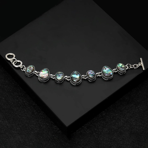 Vintage Bohemian Natural Abalone Shell Inlaid Alloy Link Bracelet For Men Women Adjustable Toggle Clasp Colorful Retro Jewelry