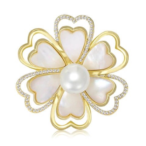 Exquisite Copper Camellia Brooch For Women With Zirconia Mother Of Pearl Artificial Pearl Inlaid Elegant Suit Corsage Pin
