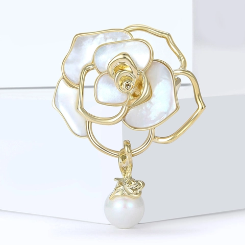 Elegant Camellia Brooch For Women Luxury Copper Flower Corsage With Mother Of Artificial Pearl And Zircon Artificial Pearl Pendant Jewelry Gift