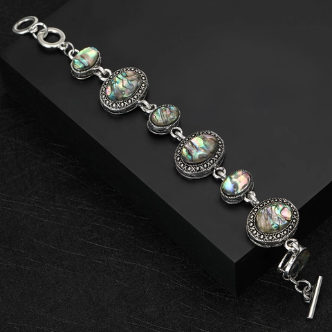 Vintage Ethnisch Abalone-Muschel Armband Silber Ton Legierung Geometrisch Knebelverschluss Emaille Schmuck Geschenk Damen Herren