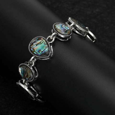 Vintage Bohemian Natural Abalone Shell Inlaid Alloy Link Bracelet For Men Women Adjustable Toggle Clasp Colorful Retro Jewelry