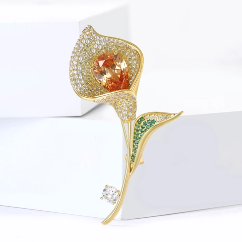 Koreanische Elegante Kupfer Calla Lilie Blume Brosche Mikro Eingelegt Strass Mode Floral Corsage Für Damen Mantel Zubehör