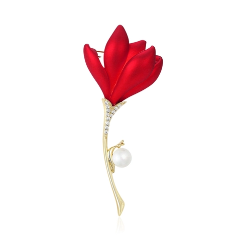 Elegante Spilla a Forma di Tulipano in Rame per Donna Con Intarsio in Zirconia e Perla Artificiale Spilla Decorativa Gioielli Vintage