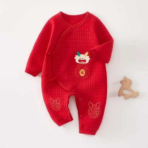 Pagliaccetto Per Neonato In Cotone Trapuntato Capodanno Cinese Stampa Drago Fortuna Tuta Stile Kimono Maniche Lunghe Caldo