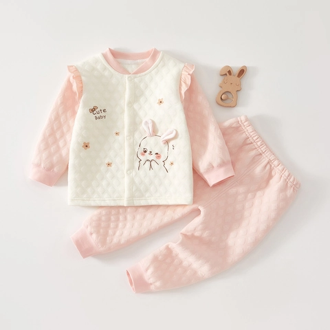 Tenue Deux Pièces en Coton Matelassé Chaud pour Bébé Imprimé Lapin de Dessin Animé Épaule à Volants Haut et Pantalon