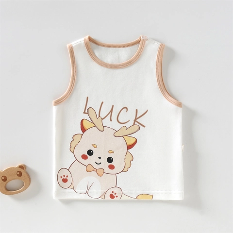 Chaleco Lindo para Bebé de Algodón Camiseta sin Mangas Dibujos Animados Oso Dragón Impresión Algodón Peinado Suave para Recién Nacido