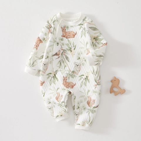 Newborn Baby Quilted Romper Long Sleeve Thickened Autumn Winter Warm Cotton Bodysuit Cartoon Animal Print Infant Jumpsuit