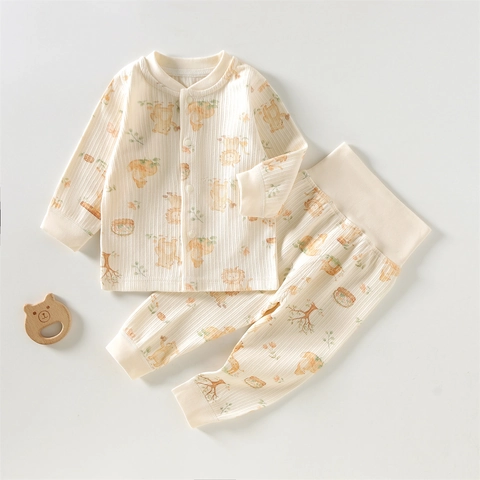 Class A Cotton Baby Pajamas Set High Waist Belly Protection Infants Long Sleeve Top And Pants Ribbed Cartoon Loungewear