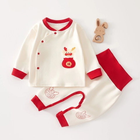 Conjunto de Ropa de Manga Larga para Recién Nacido 100% Algodón Estilo Chino Bordado de Dragón Pantalones de Cintura Alta Rojo Crema