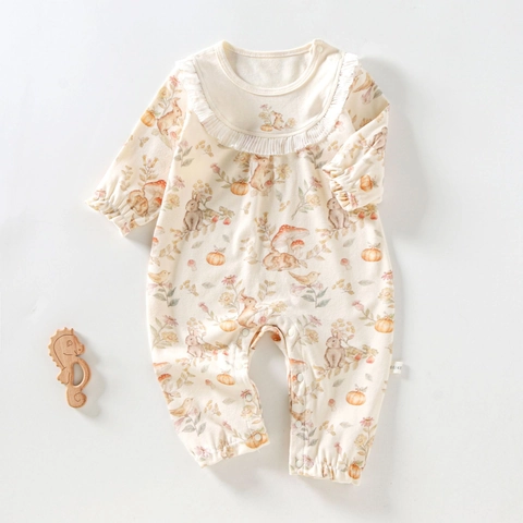 Infant 100% Cotton Long Sleeve Romper For Newborn Baby Printed Bone-free Jumpsuit Forest Animal Bird Pattern Sleepwear
