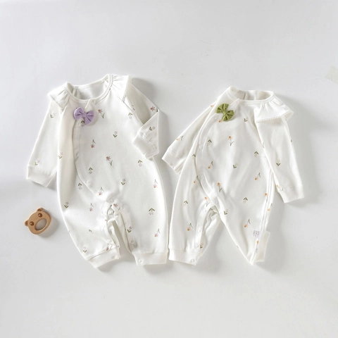 Mameluco de Algodón Floral para Bebé Niñas Pijama de Manga Larga Con Lazo Mono Lindo Ropa de Dormir