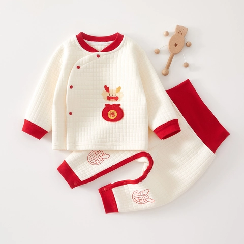 Baby Cotton Quilted Warm Clothing Set Cartoon Dragon Print High Waist Belly Protection Infants Long Sleeve Top And Pants