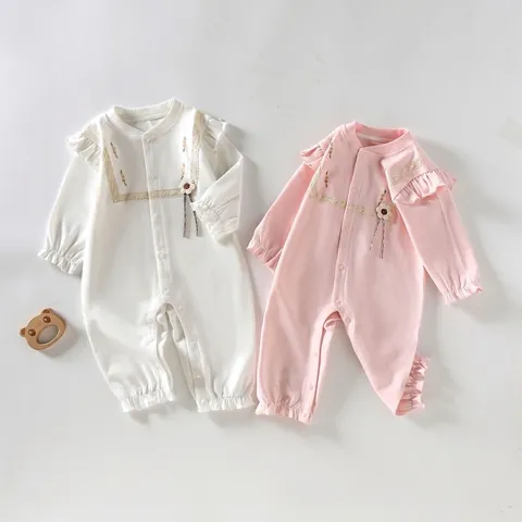 Autumn Newborn Baby Girls Floral Print Cotton Long Sleeve Romper Jumpsuit Cute Lace Ruffle Sleeve Bow Warm Outfits