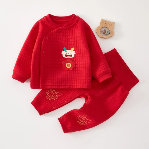 Baby Cotton Quilted Warm Clothing Set Cartoon Dragon Print High Waist Belly Protection Infants Long Sleeve Top And Pants