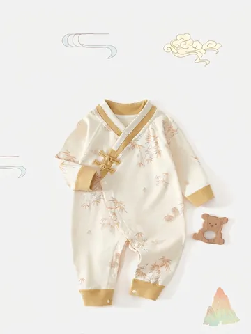 Barboteuse Bébé en Coton Style National Manches Longues Boutons Brandebourg Chinois Traditionnels Imprimé Bambou Combinaison Nouveau-né