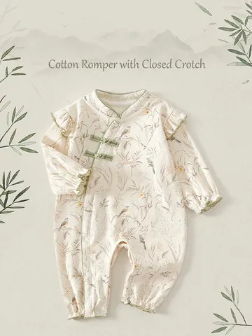 Tutina per Neonati in Stile Cinese a Maniche Lunghe in Cotone con Stampa Floreale e Uccelli per Autunno e Primavera
