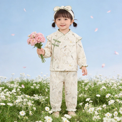 Nuovo Completo In Cotone Per Neonati In Stile Cinese Maglia A Maniche Lunghe E Pantaloni Con Stampa Di Fiori Uccelli E Coniglio