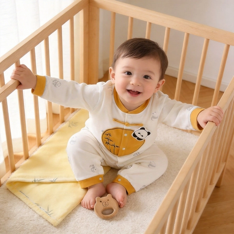 Säugling Baumwolle Langarm Strampler Chinesischer Stil Panda Bambus Druck Kontrastfarbe Jumpsuit Herbst Baby Schlafanzug Kleidung