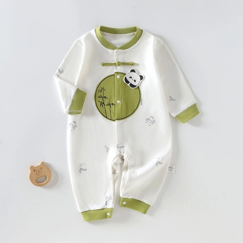 Säugling Baumwolle Langarm Strampler Chinesischer Stil Panda Bambus Druck Kontrastfarbe Jumpsuit Herbst Baby Schlafanzug Kleidung