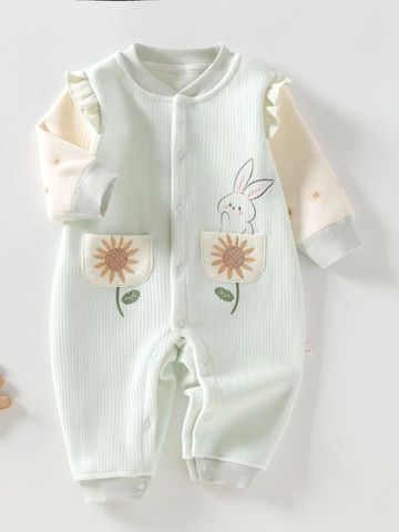 Baby Romper Lange Mouwen Jumpsuit Bloemen Konijn Bedrukt Ruffle Drukknopen Slaappakje Polyester Peuter Kleding