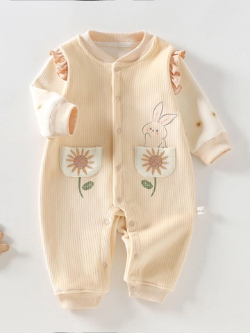 Baby Romper Lange Mouwen Jumpsuit Bloemen Konijn Bedrukt Ruffle Drukknopen Slaappakje Polyester Peuter Kleding