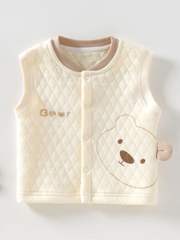 Newborn Baby Quilted Warm Vest Solid Color Bear Pattern Sleeveless Cardigan Cotton Padded Waistcoat For Infant Toddler Daily Wear