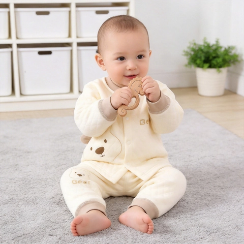 Infant Baby Boys Girls Cotton Quilted Warm Underwear Set Long Sleeve Top And Pants Two-Piece Sleepwear Homewear With Bear Pattern