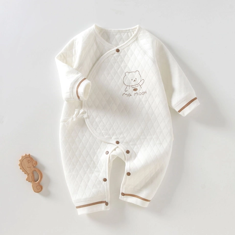 Newborn Baby Quilted Romper 100% Cotton Long Sleeve Warm Thickened Bodysuit Cartoon Bear Jumpsuit Infant Winter Clothing