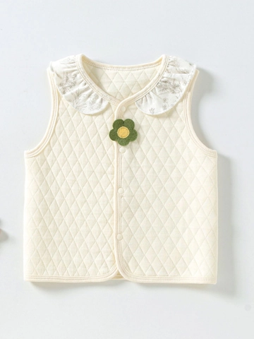 Baby Warm Quilted Vest Floral Ruffle Collar Sunflower Applique Snap Cotton Waistcoat Outerwear For Infant Toddler