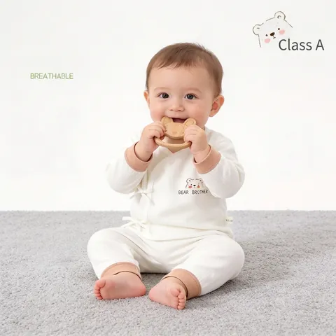 Minimalist Newborn Baby Cotton Long Sleeve Loungewear Set Boneless Sewing Kimono Style Tie Front Top And Pants