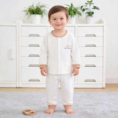 Newborn Baby Waffle Cotton Pajamas Long Sleeve Breathable Bear Brother Home Wear Air Conditioning Top And Pants For Infants