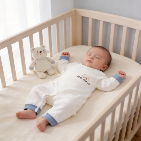 Newborn Baby Cotton Long Sleeve Bodysuit Breathable Waffle Romper Cartoon Bear Print Infant Sleepwear Thin Pajamas