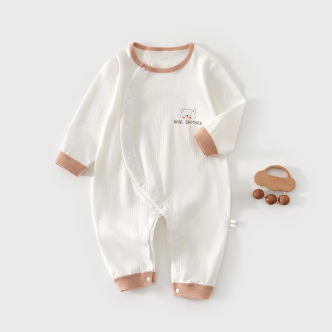 Newborn Baby Summer Thin Cotton Romper Breathable Long Sleeve Bear Brother Printed Single Breasted Jumpsuit For Infant