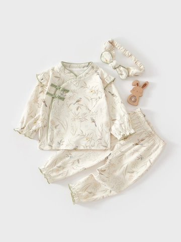 New Chinese Style Baby Cotton Pajama Neo-Traditional Floral Bird Printed Long Sleeve Top And Pants Infant Home Wear Clothing
