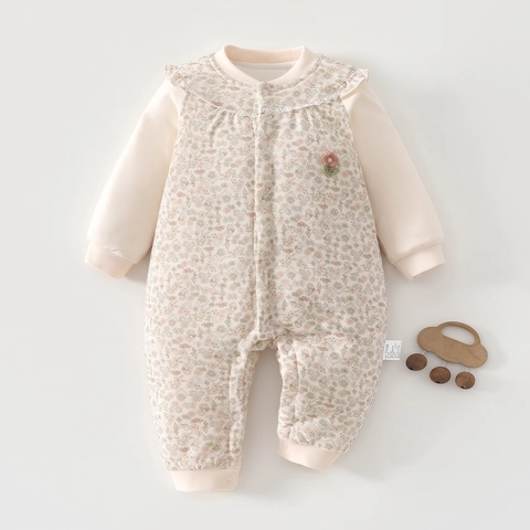 Infant Quilted Cotton Romper Long Sleeve Floral Print Padded Jumpsuit Warm Autumn Winter Outfit For Baby Boys Girls