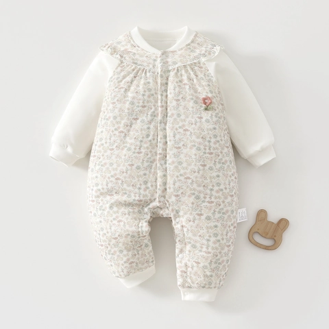 Infant Quilted Cotton Romper Long Sleeve Floral Print Padded Jumpsuit Warm Autumn Winter Outfit For Baby Boys Girls