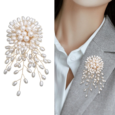 Handmade Elegant Alloy Flower Brooch With Artificial Pearl Tassels Korean Fashion Women Suit Corsage Jewelry Pin Accessories