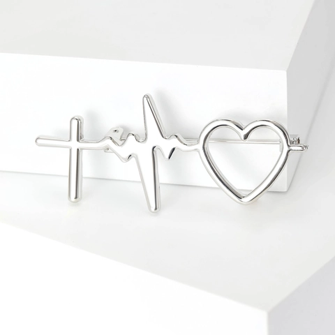 Creative Alloy EKG Heartbeat Cross Brooch Minimalist Heart Pin For Women Men Suit Accessories Gold Silver Plated Jewelry