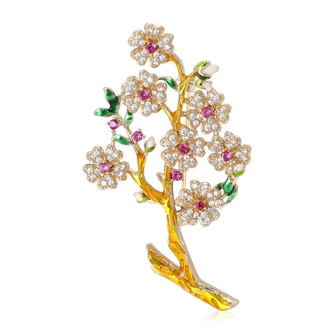 Spilla a Fiore di Prugno in Zirconia Micro Pavé Stile Cinese per Donna Spilla in Smalto a Ramo di Rame Dorato Gioielli di Lusso