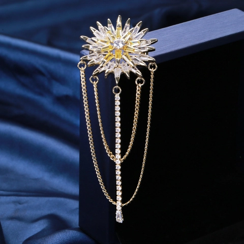Broche de Girasol y Estallido Estelar Con Borla Cobre Chapado en Oro Zirconia Vintage Elegante Alfiler de Corsé para Trajes