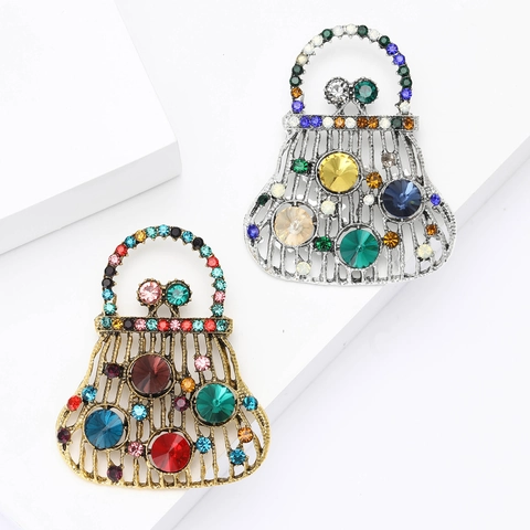 Spilla a Forma di Borsa in Lega Vintage per Donna Con Intarsio di Strass Colorati Borsa alla Moda Spilla per Abito Gioielli