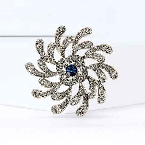 Elegante Spilla a Forma di Fiore per Donna in Lega Placcata Argento Con Pietra Blu Strass Scintillanti Gioielli per Abito Cappotto