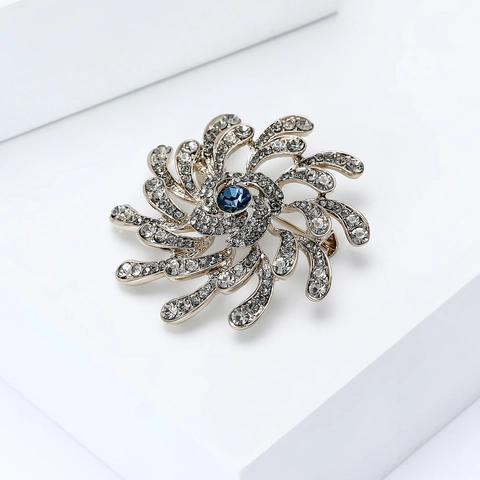 Fashion Full Rhinestone Flower Brooch For Women Alloy Blue Crystal Spiral Petal Corset Pin Elegant Suit Coat Accessories