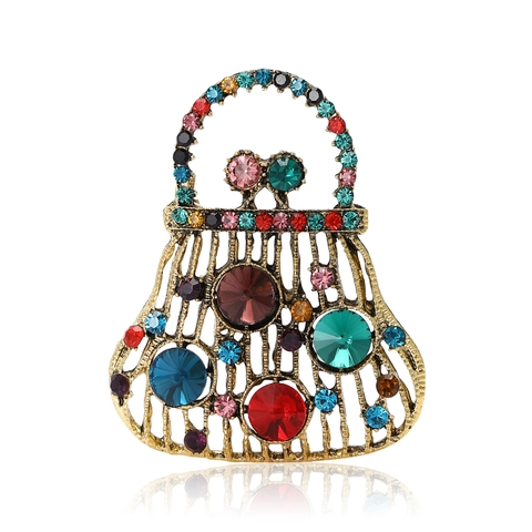 Spilla a Forma di Borsa in Lega Vintage per Donna Con Intarsio di Strass Colorati Borsa alla Moda Spilla per Abito Gioielli