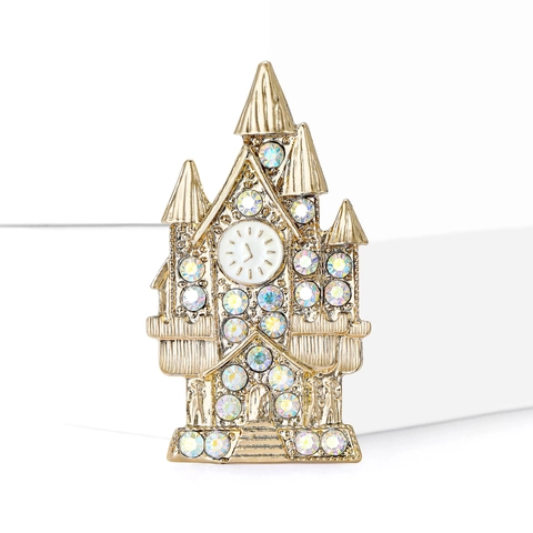 Vintage Gold Plated Alloy Castle Brooch With Colorful Rhinestone Clock Tower Badge For Women Clothing Accessories Jewelry