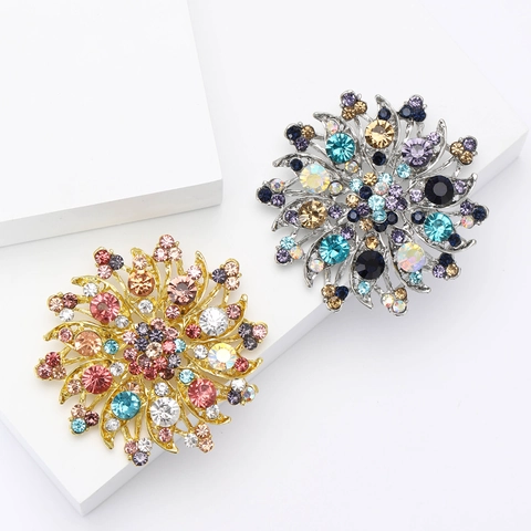 Lussuosa Spilla Floreale in Lega con Strass Rotonda a Girasole per Donna Matrimonio Festa Elegante Accessori per Abito da Cerimonia Oro Argento