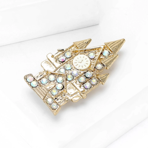 Vintage Gold Plated Alloy Castle Brooch With Colorful Rhinestone Clock Tower Badge For Women Clothing Accessories Jewelry