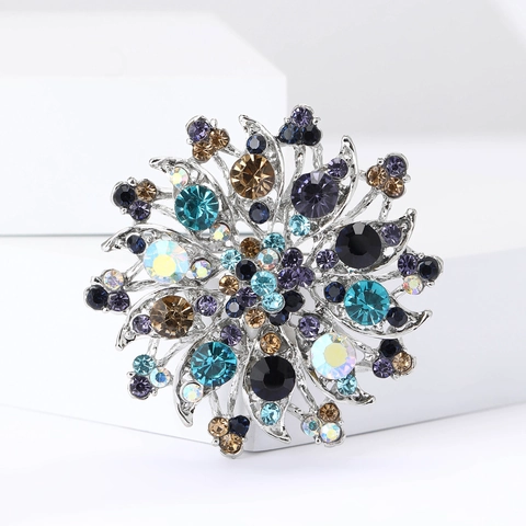 Lussuosa Spilla Floreale in Lega con Strass Rotonda a Girasole per Donna Matrimonio Festa Elegante Accessori per Abito da Cerimonia Oro Argento