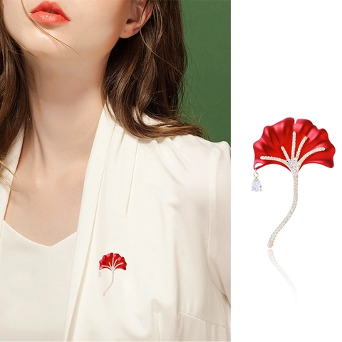 Eleganter Ginkgoblatt Brosche Kupfer Vergoldet Zirkonia Mikro Eingelegt Nadel Damen Rot Blau Matt Pflanze Schmuck Schal Schnalle