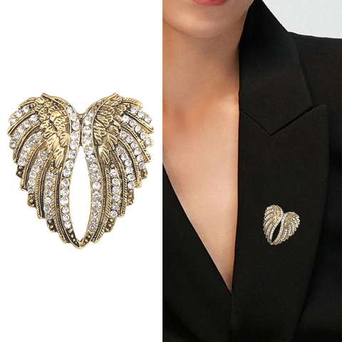 Vintage Hartvormige Brosche Met Engelenvleugels Van Legering En Strass Antiek Goud Zilver Sieraden Speld Voor Dames Kostuum
